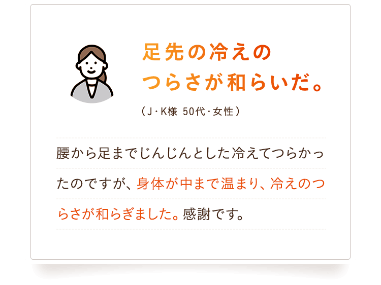 ⾜先の冷えのつらさが和らいだ。